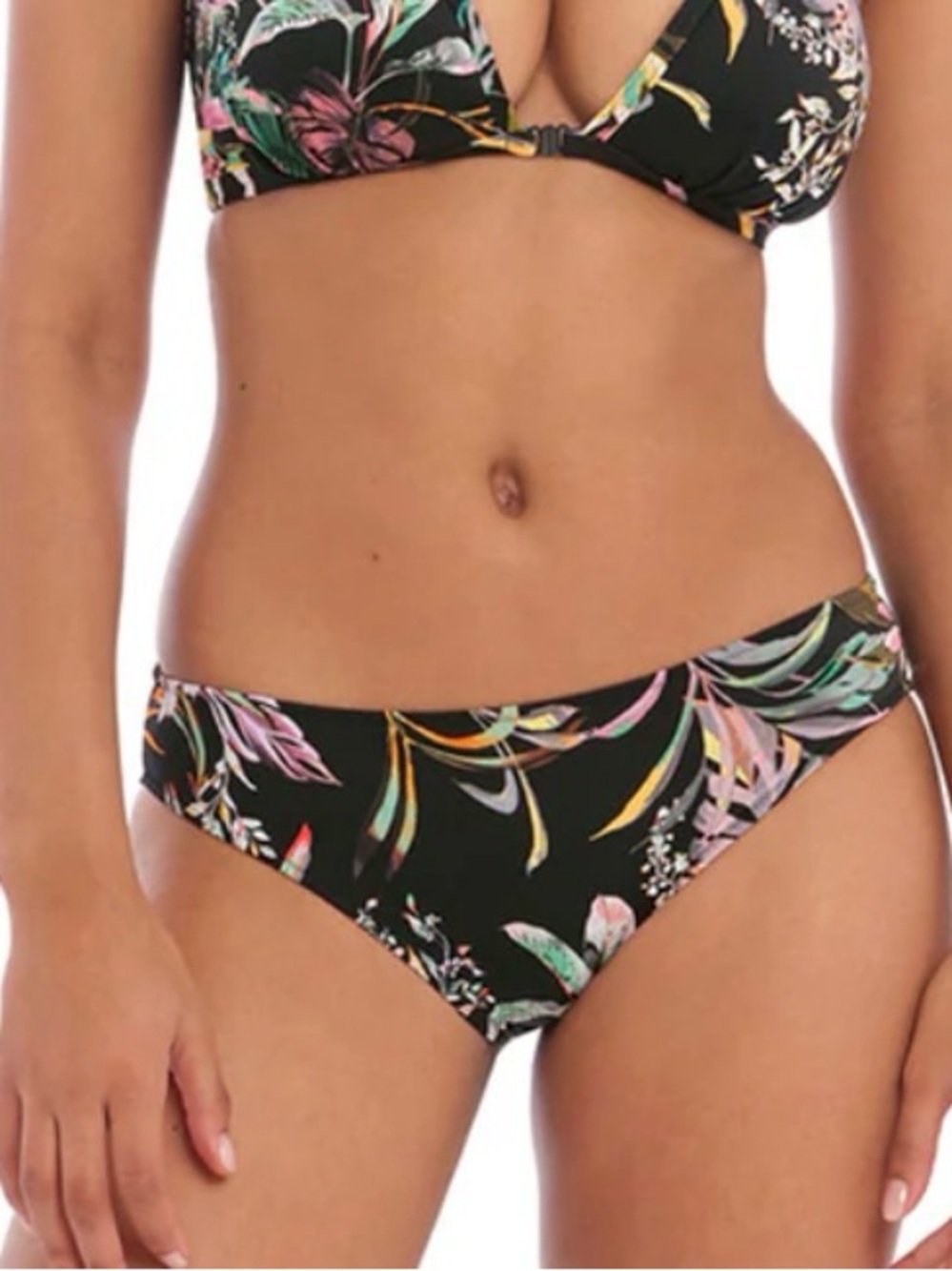 Freya Black Floral Print Bikini Bottom with Multicolor Leaves